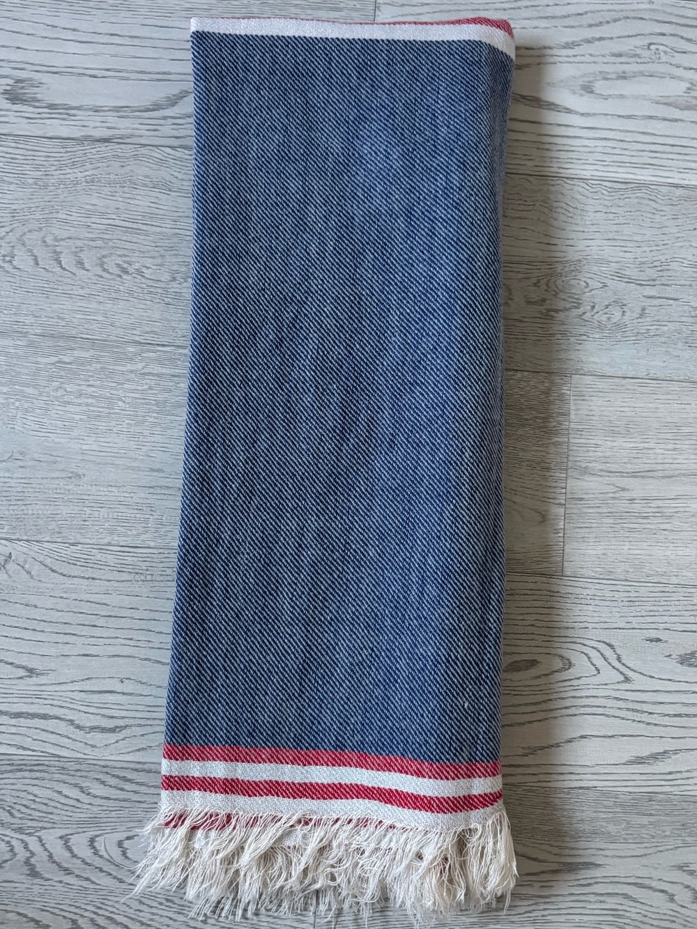 Zara Blue and Red Striped Woven Fringe Scarf